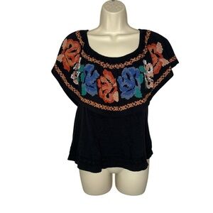 Floral Embroidered Black Blouse